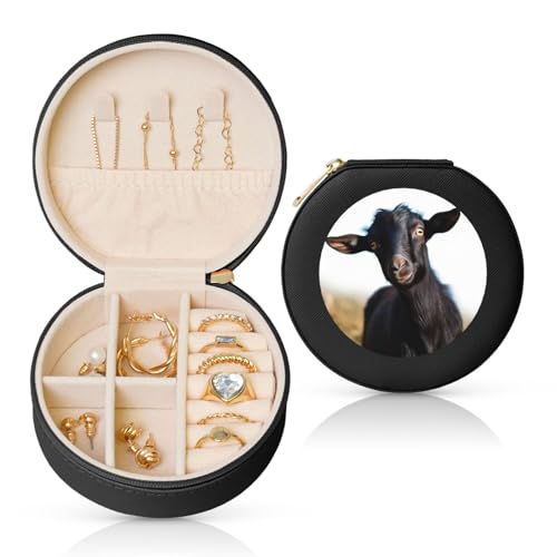 FHEBNDS Leder-Reise-Schmuckkästchen für Damen, Geburtstagsgeschenke, niedliche schwarze Ziege, Tier-Schmuckschatulle mit Reißverschluss, klein, rund, Schmuck-Organizer, Aufbewahrungsbox für Ringe FHEBNDS Leder-Reise-Schmuckkästchen für Damen, Geburtstagsgeschenke, niedliche schwarze Ziege, Tier-Schmuckschatulle mit Reißverschluss, klein, rund, Schmuck-Organizer, Aufbewahrungsbox für Ringe von FHEBNDS
