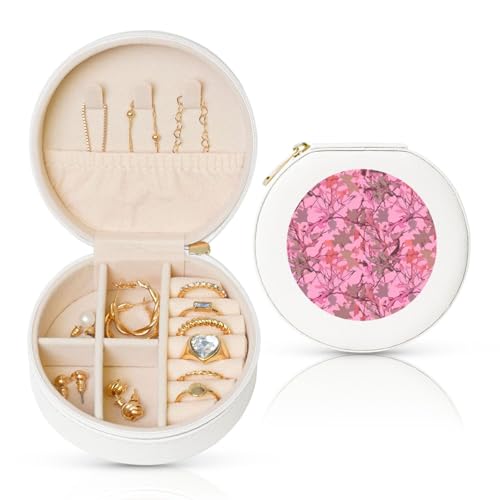 FHEBNDS Leder-Reise-Schmuckkästchen für Damen, Geburtstagsgeschenke, rosa Blätter, Camouflage-Schmuckschatulle mit Reißverschluss, klein, rund, Schmuck-Organizer, Aufbewahrungsbox für Ringe, Ohrringe FHEBNDS Leder-Reise-Schmuckkästchen für Damen, Geburtstagsgeschenke, rosa Blätter, Camouflage-Schmuckschatulle mit Reißverschluss, klein, rund, Schmuck-Organizer, Aufbewahrungsbox für Ringe, Ohrringe von FHEBNDS
