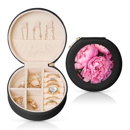 FHEBNDS Leder-Reise-Schmuckkästchen für Damen, Geburtstagsgeschenke, rosa Pfingstrose, Schmuckschatulle mit Reißverschluss, klein, rund, Schmuck-Organizer, Aufbewahrungsbox für Ringe, Ohrringe FHEBNDS Leder-Reise-Schmuckkästchen für Damen, Geburtstagsgeschenke, rosa Pfingstrose, Schmuckschatulle mit Reißverschluss, klein, rund, Schmuck-Organizer, Aufbewahrungsbox für Ringe, Ohrringe von FHEBNDS