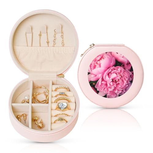 FHEBNDS Leder-Reise-Schmuckkästchen für Damen, Geburtstagsgeschenke, rosa Pfingstrose, Schmuckschatulle mit Reißverschluss, klein, rund, Schmuck-Organizer, Aufbewahrungsbox für Ringe, Ohrringe FHEBNDS Leder-Reise-Schmuckkästchen für Damen, Geburtstagsgeschenke, rosa Pfingstrose, Schmuckschatulle mit Reißverschluss, klein, rund, Schmuck-Organizer, Aufbewahrungsbox für Ringe, Ohrringe von FHEBNDS