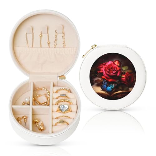 FHEBNDS Leder-Reise-Schmuckkästchen für Damen, Geburtstagsgeschenke, schöne Blumen-, Schmetterlings-Rosen, Schmuckschatulle mit Reißverschluss, klein, rund, Schmuck-Organizer, Aufbewahrungsbox für FHEBNDS Leder-Reise-Schmuckkästchen für Damen, Geburtstagsgeschenke, schöne Blumen-, Schmetterlings-Rosen, Schmuckschatulle mit Reißverschluss, klein, rund, Schmuck-Organizer, Aufbewahrungsbox für von FHEBNDS