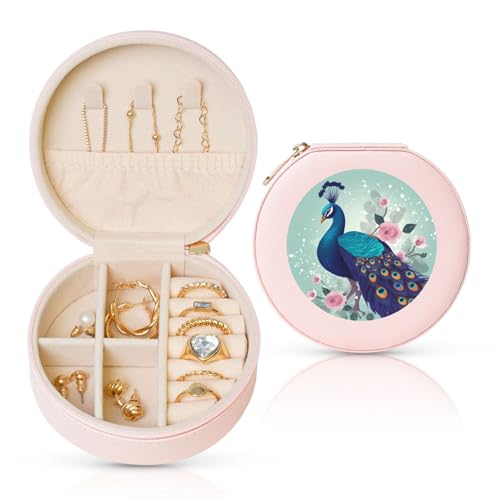 FHEBNDS Leder-Reise-Schmuckkästchen für Damen, Geburtstagsgeschenke, schöne Schmuckschatulle mit Pfau und Blumen, mit Reißverschluss, klein, rund, Schmuck-Organizer, Aufbewahrungsbox für Ringe FHEBNDS Leder-Reise-Schmuckkästchen für Damen, Geburtstagsgeschenke, schöne Schmuckschatulle mit Pfau und Blumen, mit Reißverschluss, klein, rund, Schmuck-Organizer, Aufbewahrungsbox für Ringe von FHEBNDS