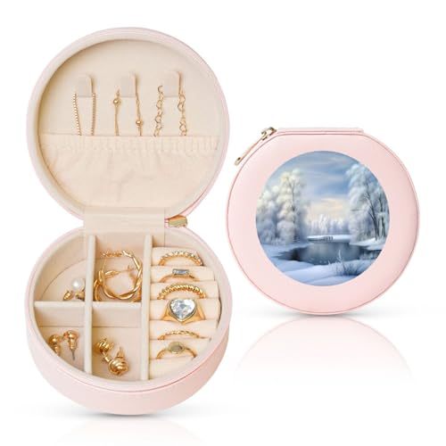FHEBNDS Leder-Reise-Schmuckkästchen für Damen, Geburtstagsgeschenke, schöne Winter-Schmuckschatulle mit Reißverschluss, klein, rund, Schmuck-Organizer, Aufbewahrungsbox für Ringe, Ohrringe, Halsketten FHEBNDS Leder-Reise-Schmuckkästchen für Damen, Geburtstagsgeschenke, schöne Winter-Schmuckschatulle mit Reißverschluss, klein, rund, Schmuck-Organizer, Aufbewahrungsbox für Ringe, Ohrringe, Halsketten von FHEBNDS