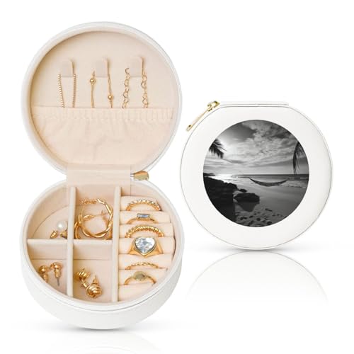 FHEBNDS Leder-Reise-Schmuckkästchen für Damen, Geburtstagsgeschenke, schwarz-weiß, Strand-Schmuckschatulle mit Reißverschluss, klein, rund, Schmuck-Organizer, Aufbewahrungsbox für Ringe, Ohrringe FHEBNDS Leder-Reise-Schmuckkästchen für Damen, Geburtstagsgeschenke, schwarz-weiß, Strand-Schmuckschatulle mit Reißverschluss, klein, rund, Schmuck-Organizer, Aufbewahrungsbox für Ringe, Ohrringe von FHEBNDS