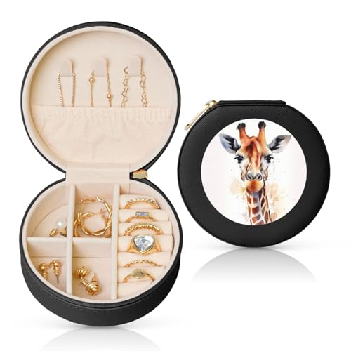 FHEBNDS Leder-Reise-Schmuckkästchen für Damen, Geburtstagsgeschenke, stilvolle Tier-Aquarell-Giraffen-Schmuckschatulle mit Reißverschluss, klein, rund, Schmuck-Organizer, Aufbewahrungsbox für Ringe von FHEBNDS