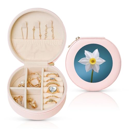 FHEBNDS Leder-Reise-Schmuckkästchen für Damen, Geburtstagsgeschenke, weiße Narzissen-Schmuckschatulle mit Reißverschluss, klein, rund, Schmuck-Organizer, Aufbewahrungsbox für Ringe, Ohrringe FHEBNDS Leder-Reise-Schmuckkästchen für Damen, Geburtstagsgeschenke, weiße Narzissen-Schmuckschatulle mit Reißverschluss, klein, rund, Schmuck-Organizer, Aufbewahrungsbox für Ringe, Ohrringe von FHEBNDS
