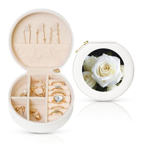 FHEBNDS Leder-Reise-Schmuckkästchen für Damen, Geburtstagsgeschenke, weiße Rose, Schmuckschatulle mit Reißverschluss, klein, rund, Schmuck-Organizer, Aufbewahrungsbox für Ringe, Ohrringe, Halsketten von FHEBNDS