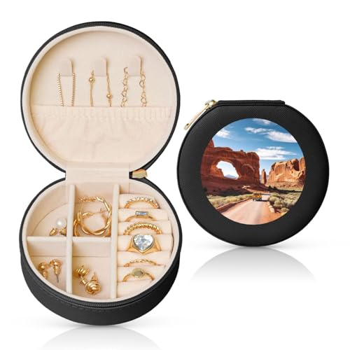 FHEBNDS Leder-Reise-Schmuckkästchen für Frauen, Geburtstagsgeschenke, Bögen, Nationalpark-Eingang, Schmuckschatulle mit Reißverschluss, klein, rund, Schmuck-Organizer, Aufbewahrungsbox für Ringe FHEBNDS Leder-Reise-Schmuckkästchen für Frauen, Geburtstagsgeschenke, Bögen, Nationalpark-Eingang, Schmuckschatulle mit Reißverschluss, klein, rund, Schmuck-Organizer, Aufbewahrungsbox für Ringe von FHEBNDS