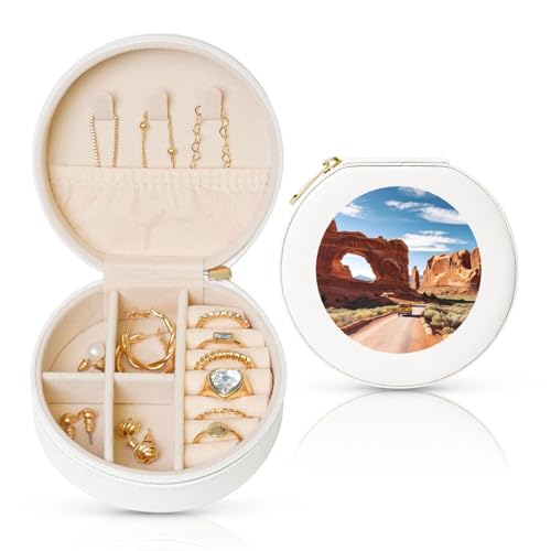 FHEBNDS Leder-Reise-Schmuckkästchen für Frauen, Geburtstagsgeschenke, Bögen, Nationalpark-Eingang, Schmuckschatulle mit Reißverschluss, klein, rund, Schmuck-Organizer, Aufbewahrungsbox für Ringe von FHEBNDS