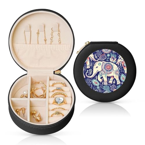 FHEBNDS Leder-Reise-Schmuckkästchen für Frauen, Geburtstagsgeschenke, Boho-Elefanten-Schmuckschatulle mit Reißverschluss, klein, rund, Schmuck-Organizer, Aufbewahrungsbox für Ringe, Ohrringe von FHEBNDS