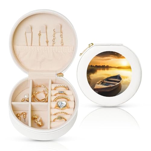 FHEBNDS Leder-Reise-Schmuckkästchen für Frauen, Geburtstagsgeschenke, Fluss, Sonnenuntergang, Holz-Schmuckschatulle mit Reißverschluss, klein, rund, Schmuck-Organizer, Aufbewahrungsbox für Ringe FHEBNDS Leder-Reise-Schmuckkästchen für Frauen, Geburtstagsgeschenke, Fluss, Sonnenuntergang, Holz-Schmuckschatulle mit Reißverschluss, klein, rund, Schmuck-Organizer, Aufbewahrungsbox für Ringe von FHEBNDS