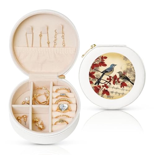 FHEBNDS Leder-Reise-Schmuckkästchen für Frauen, Geburtstagsgeschenke, Songvögel-Schmuckschatulle mit Reißverschluss, klein, rund, Schmuck-Organizer, Aufbewahrungsbox für Ringe, Ohrringe, Halsketten FHEBNDS Leder-Reise-Schmuckkästchen für Frauen, Geburtstagsgeschenke, Songvögel-Schmuckschatulle mit Reißverschluss, klein, rund, Schmuck-Organizer, Aufbewahrungsbox für Ringe, Ohrringe, Halsketten von FHEBNDS
