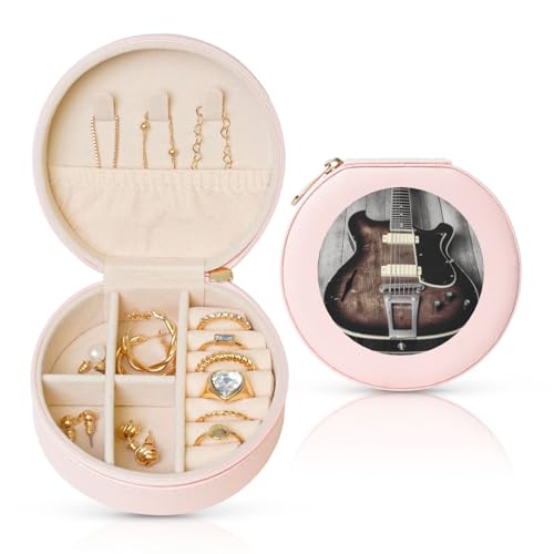 FHEBNDS Leder-Reise-Schmuckkästchen für Frauen, Geburtstagsgeschenke, Vintage-Gitarren-Schmuckschatulle mit Reißverschluss, klein, rund, Schmuck-Organizer, Aufbewahrungsbox für Ringe, Ohrringe FHEBNDS Leder-Reise-Schmuckkästchen für Frauen, Geburtstagsgeschenke, Vintage-Gitarren-Schmuckschatulle mit Reißverschluss, klein, rund, Schmuck-Organizer, Aufbewahrungsbox für Ringe, Ohrringe von FHEBNDS
