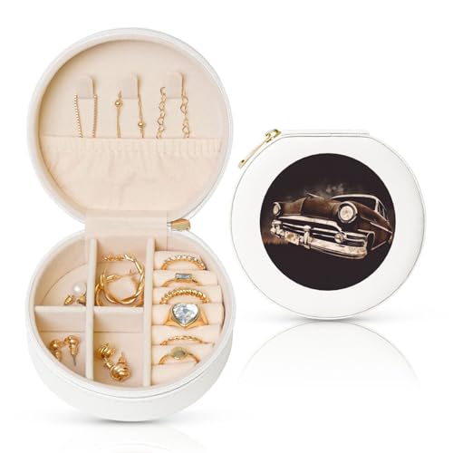 FHEBNDS Leder-Reise-Schmuckkästchen für Frauen, Geburtstagsgeschenke, amerikanisches Auto in brauner Schmuckschatulle mit Reißverschluss, klein, rund, Schmuck-Organizer, Aufbewahrungsbox für Ringe FHEBNDS Leder-Reise-Schmuckkästchen für Frauen, Geburtstagsgeschenke, amerikanisches Auto in brauner Schmuckschatulle mit Reißverschluss, klein, rund, Schmuck-Organizer, Aufbewahrungsbox für Ringe von FHEBNDS