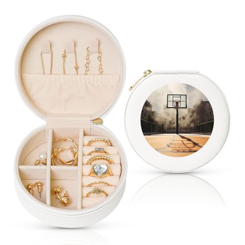FHEBNDS Leder-Reise-Schmuckkästchen für Frauen, Geburtstagsgeschenke, erstaunliche Basketballplatz-Schmuckschatulle mit Reißverschluss, klein, rund, Schmuck-Organizer, Aufbewahrungsbox für Ringe FHEBNDS Leder-Reise-Schmuckkästchen für Frauen, Geburtstagsgeschenke, erstaunliche Basketballplatz-Schmuckschatulle mit Reißverschluss, klein, rund, Schmuck-Organizer, Aufbewahrungsbox für Ringe von FHEBNDS