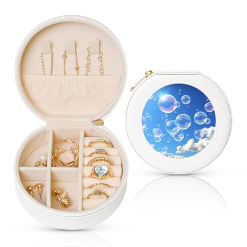 FHEBNDS Reise-Schmuckkästchen aus Leder für Damen, Geburtstagsgeschenke, Blasen blauer Himmel, Schmuckschatulle mit Reißverschluss, klein, rund, Schmuck-Organizer, Aufbewahrungsbox für Ringe, Ohrringe FHEBNDS Reise-Schmuckkästchen aus Leder für Damen, Geburtstagsgeschenke, Blasen blauer Himmel, Schmuckschatulle mit Reißverschluss, klein, rund, Schmuck-Organizer, Aufbewahrungsbox für Ringe, Ohrringe von FHEBNDS