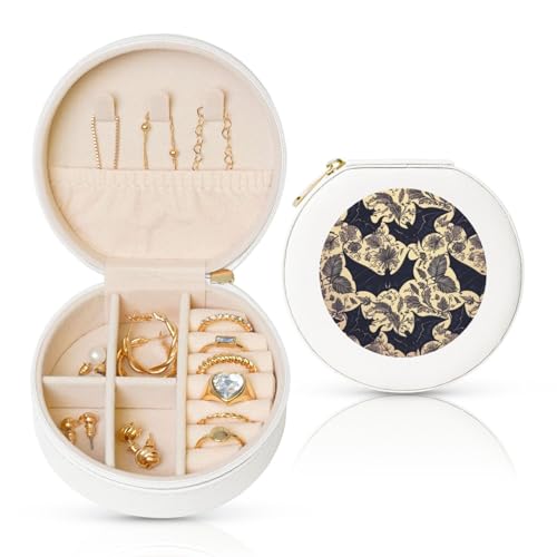 FHEBNDS Reise-Schmuckkästchen aus Leder für Damen, Geburtstagsgeschenke, Fledermaus-Druck, Schmuckschatulle mit Reißverschluss, klein, rund, Schmuck-Organizer, Aufbewahrungsbox für Ringe, Ohrringe von FHEBNDS