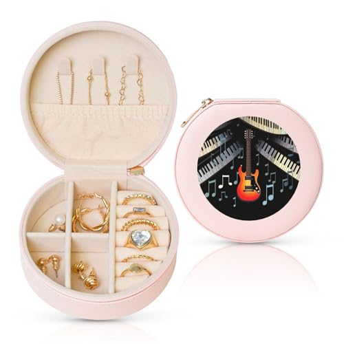 FHEBNDS Reise-Schmuckkästchen aus Leder für Damen, Geburtstagsgeschenke, Gitarren-Klavier-Muster, Schmuckschatulle mit Reißverschluss, klein, rund, Schmuck-Organizer, Aufbewahrungsbox für Ringe FHEBNDS Reise-Schmuckkästchen aus Leder für Damen, Geburtstagsgeschenke, Gitarren-Klavier-Muster, Schmuckschatulle mit Reißverschluss, klein, rund, Schmuck-Organizer, Aufbewahrungsbox für Ringe von FHEBNDS