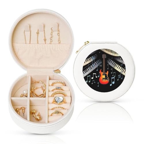 FHEBNDS Reise-Schmuckkästchen aus Leder für Damen, Geburtstagsgeschenke, Gitarren-Klavier-Muster, Schmuckschatulle mit Reißverschluss, klein, rund, Schmuck-Organizer, Aufbewahrungsbox für Ringe FHEBNDS Reise-Schmuckkästchen aus Leder für Damen, Geburtstagsgeschenke, Gitarren-Klavier-Muster, Schmuckschatulle mit Reißverschluss, klein, rund, Schmuck-Organizer, Aufbewahrungsbox für Ringe von FHEBNDS
