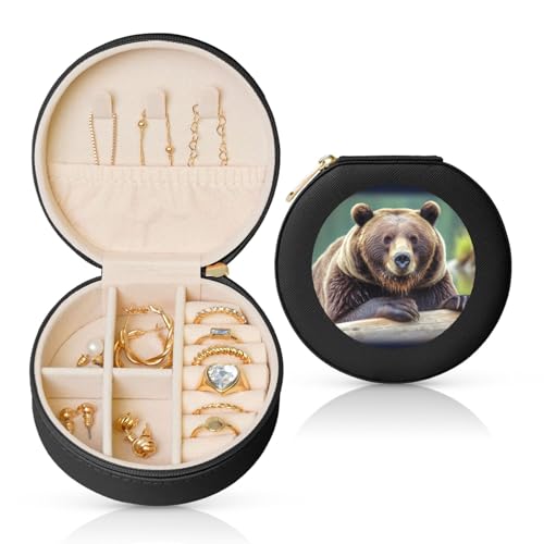 FHEBNDS Reise-Schmuckkästchen aus Leder für Damen, Geburtstagsgeschenke, Grizzlybär-Schmuckschatulle mit Reißverschluss, klein, rund, Schmuck-Organizer, Aufbewahrungsbox für Ringe, Ohrringe FHEBNDS Reise-Schmuckkästchen aus Leder für Damen, Geburtstagsgeschenke, Grizzlybär-Schmuckschatulle mit Reißverschluss, klein, rund, Schmuck-Organizer, Aufbewahrungsbox für Ringe, Ohrringe von FHEBNDS