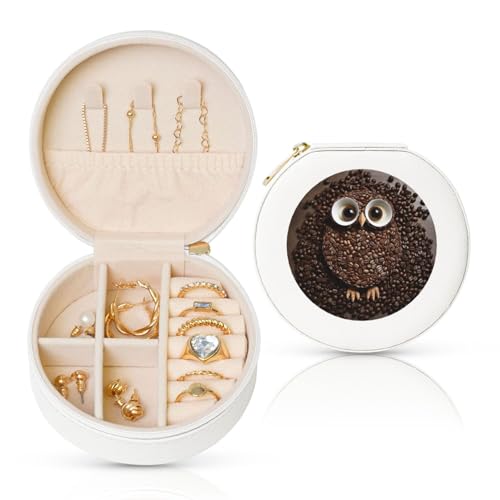 FHEBNDS Reise-Schmuckkästchen aus Leder für Damen, Geburtstagsgeschenke, Kaffeebohnen, Eule, Schmuckschatulle mit Reißverschluss, klein, rund, Schmuck-Organizer, Aufbewahrungsbox für Ringe, Ohrringe FHEBNDS Reise-Schmuckkästchen aus Leder für Damen, Geburtstagsgeschenke, Kaffeebohnen, Eule, Schmuckschatulle mit Reißverschluss, klein, rund, Schmuck-Organizer, Aufbewahrungsbox für Ringe, Ohrringe von FHEBNDS