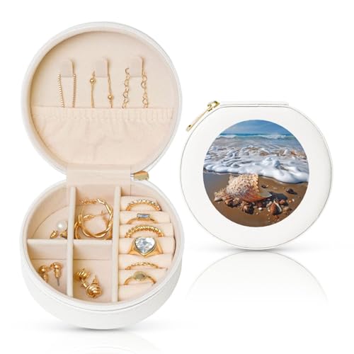 FHEBNDS Reise-Schmuckkästchen aus Leder für Damen, Geburtstagsgeschenke, Meer und Muscheln, Schmuckschatulle mit Reißverschluss, klein, rund, Schmuck-Organizer, Aufbewahrungsbox für Ringe, Ohrringe FHEBNDS Reise-Schmuckkästchen aus Leder für Damen, Geburtstagsgeschenke, Meer und Muscheln, Schmuckschatulle mit Reißverschluss, klein, rund, Schmuck-Organizer, Aufbewahrungsbox für Ringe, Ohrringe von FHEBNDS