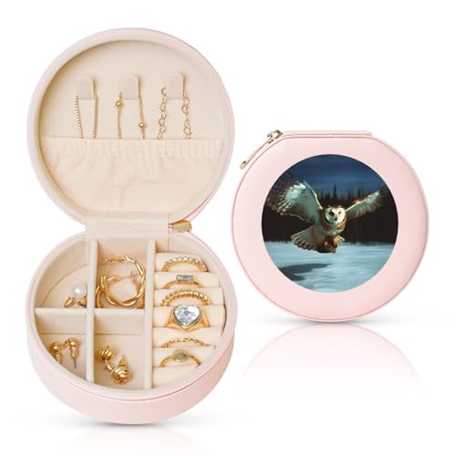 FHEBNDS Reise-Schmuckkästchen aus Leder für Damen, Geburtstagsgeschenke, fliegende Eule, Schmuckschatulle mit Reißverschluss, klein, rund, Schmuck-Organizer, Aufbewahrungsbox für Ringe, Ohrringe von FHEBNDS