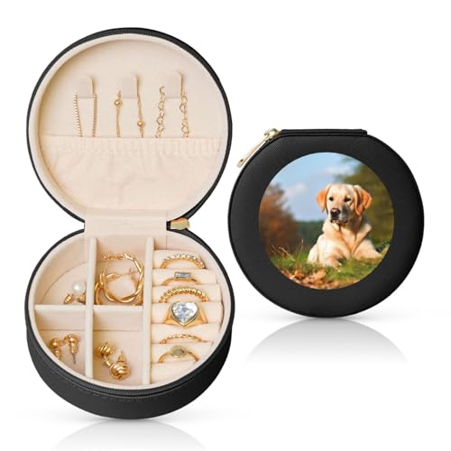 FHEBNDS Reise-Schmuckkästchen aus Leder für Damen, Geburtstagsgeschenke, niedlicher Labrador-Hund, Schmuckschatulle mit Reißverschluss, klein, rund, Schmuck-Organizer, Aufbewahrungsbox für Ringe FHEBNDS Reise-Schmuckkästchen aus Leder für Damen, Geburtstagsgeschenke, niedlicher Labrador-Hund, Schmuckschatulle mit Reißverschluss, klein, rund, Schmuck-Organizer, Aufbewahrungsbox für Ringe von FHEBNDS