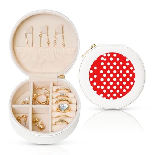 FHEBNDS Reise-Schmuckkästchen aus Leder für Damen, Geburtstagsgeschenke, rot und weiß gepunktet, Schmuckschatulle mit Reißverschluss, klein, rund, Schmuck-Organizer, Aufbewahrungsbox für Ringe FHEBNDS Reise-Schmuckkästchen aus Leder für Damen, Geburtstagsgeschenke, rot und weiß gepunktet, Schmuckschatulle mit Reißverschluss, klein, rund, Schmuck-Organizer, Aufbewahrungsbox für Ringe von FHEBNDS