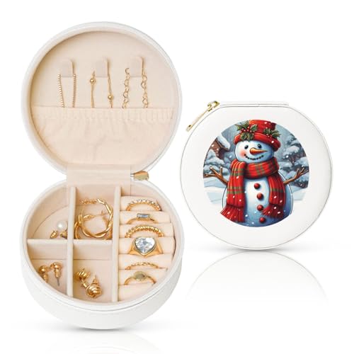 FHEBNDS Reise-Schmuckkästchen aus Leder für Damen, Geburtstagsgeschenke, roter Schneemann, Scraf, Schmuckschatulle mit Reißverschluss, klein, rund, Schmuck-Organizer, Aufbewahrungsbox für Ringe FHEBNDS Reise-Schmuckkästchen aus Leder für Damen, Geburtstagsgeschenke, roter Schneemann, Scraf, Schmuckschatulle mit Reißverschluss, klein, rund, Schmuck-Organizer, Aufbewahrungsbox für Ringe von FHEBNDS