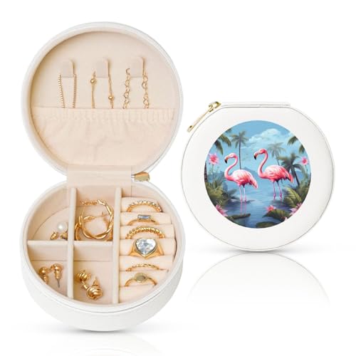 FHEBNDS Reise-Schmuckkästchen aus Leder für Damen, Geburtstagsgeschenke, tropische Flamingos, Schmuckschatulle mit Reißverschluss, klein, rund, Schmuck-Organizer, Aufbewahrungsbox für Ringe, Ohrringe FHEBNDS Reise-Schmuckkästchen aus Leder für Damen, Geburtstagsgeschenke, tropische Flamingos, Schmuckschatulle mit Reißverschluss, klein, rund, Schmuck-Organizer, Aufbewahrungsbox für Ringe, Ohrringe von FHEBNDS