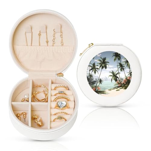 FHEBNDS Reise-Schmuckkästchen aus Leder für Damen, Geburtstagsgeschenke, tropische Palmen, Schmuckschatulle mit Reißverschluss, klein, rund, Schmuck-Organizer, Aufbewahrungsbox für Ringe, Ohrringe FHEBNDS Reise-Schmuckkästchen aus Leder für Damen, Geburtstagsgeschenke, tropische Palmen, Schmuckschatulle mit Reißverschluss, klein, rund, Schmuck-Organizer, Aufbewahrungsbox für Ringe, Ohrringe von FHEBNDS
