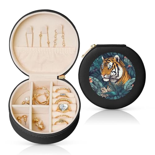 FHEBNDS Reise-Schmuckkästchen aus Leder für Damen, Geburtstagsgeschenke, tropischer Tiger, Schmuckschatulle mit Reißverschluss, klein, rund, Schmuck-Organizer, Aufbewahrungsbox für Ringe, Ohrringe FHEBNDS Reise-Schmuckkästchen aus Leder für Damen, Geburtstagsgeschenke, tropischer Tiger, Schmuckschatulle mit Reißverschluss, klein, rund, Schmuck-Organizer, Aufbewahrungsbox für Ringe, Ohrringe von FHEBNDS