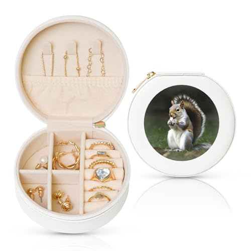 FHEBNDS Reise-Schmuckkästchen aus Leder für Frauen, Geburtstagsgeschenke, Eichhörnchen-Schmuckschatulle mit Reißverschluss, klein, rund, Schmuck-Organizer, Aufbewahrungsbox für Ringe, Ohrringe FHEBNDS Reise-Schmuckkästchen aus Leder für Frauen, Geburtstagsgeschenke, Eichhörnchen-Schmuckschatulle mit Reißverschluss, klein, rund, Schmuck-Organizer, Aufbewahrungsbox für Ringe, Ohrringe von FHEBNDS