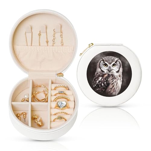 FHEBNDS Reise-Schmuckkästchen aus Leder für Frauen, Geburtstagsgeschenke, Eulen-Schmuckschatulle mit Reißverschluss, klein, rund, Schmuck-Organizer, Aufbewahrungsbox für Ringe, Ohrringe, Halsketten von FHEBNDS