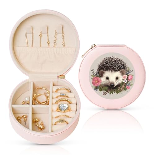 FHEBNDS Reise-Schmuckkästchen aus Leder für Frauen, Geburtstagsgeschenke, Igel im Blumenkranz, Schmuckschatulle mit Reißverschluss, klein, rund, Schmuck-Organizer, Aufbewahrungsbox für Ringe, Ohrringe FHEBNDS Reise-Schmuckkästchen aus Leder für Frauen, Geburtstagsgeschenke, Igel im Blumenkranz, Schmuckschatulle mit Reißverschluss, klein, rund, Schmuck-Organizer, Aufbewahrungsbox für Ringe, Ohrringe von FHEBNDS
