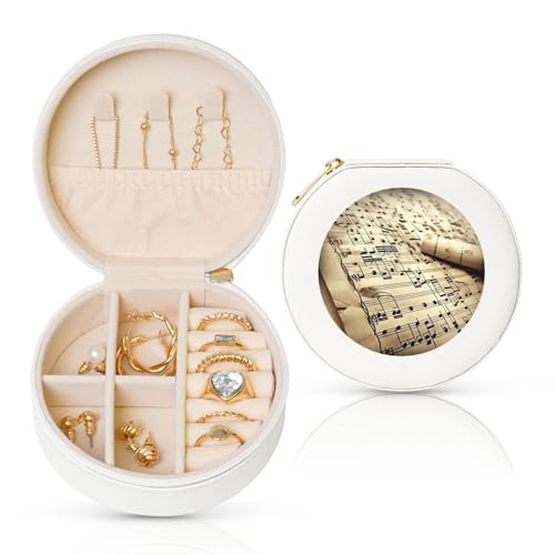 FHEBNDS Reise-Schmuckkästchen aus Leder für Frauen, Geburtstagsgeschenke, Noten-Schmuckschatulle mit Reißverschluss, klein, rund, Schmuck-Organizer, Aufbewahrungsbox für Ringe, Ohrringe, Halsketten FHEBNDS Reise-Schmuckkästchen aus Leder für Frauen, Geburtstagsgeschenke, Noten-Schmuckschatulle mit Reißverschluss, klein, rund, Schmuck-Organizer, Aufbewahrungsbox für Ringe, Ohrringe, Halsketten von FHEBNDS