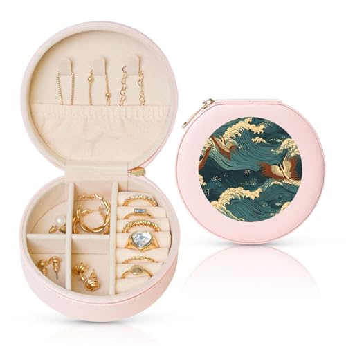 FHEBNDS Reise-Schmuckkästchen aus Leder für Frauen, Geburtstagsgeschenke, japanische Wellentapeten, Schmuckschatulle mit Reißverschluss, klein, rund, Schmuck-Organizer, Aufbewahrungsbox für Ringe FHEBNDS Reise-Schmuckkästchen aus Leder für Frauen, Geburtstagsgeschenke, japanische Wellentapeten, Schmuckschatulle mit Reißverschluss, klein, rund, Schmuck-Organizer, Aufbewahrungsbox für Ringe von FHEBNDS