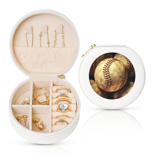 Leder-Reise-Schmuckkästchen für Damen, Geburtstagsgeschenke, Vintage-Baseball-Schmuckschatulle mit Reißverschluss, klein, rund, Schmuck-Organizer, Aufbewahrungsbox für Ringe, Ohrringe, Halsketten Leder-Reise-Schmuckkästchen für Damen, Geburtstagsgeschenke, Vintage-Baseball-Schmuckschatulle mit Reißverschluss, klein, rund, Schmuck-Organizer, Aufbewahrungsbox für Ringe, Ohrringe, Halsketten von FHEBNDS