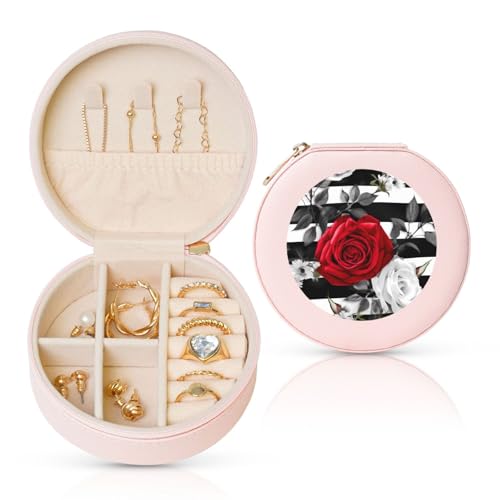 Leder-Reise-Schmuckkästchen für Damen, Geburtstagsgeschenke, schwarz-weiße Streifen, rote Rose, Blumen-Schmuckschatulle mit Reißverschluss, klein, rund, Schmuck-Organizer, Aufbewahrungsbox für Ringe Leder-Reise-Schmuckkästchen für Damen, Geburtstagsgeschenke, schwarz-weiße Streifen, rote Rose, Blumen-Schmuckschatulle mit Reißverschluss, klein, rund, Schmuck-Organizer, Aufbewahrungsbox für Ringe von FHEBNDS