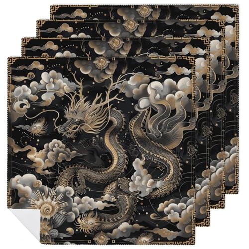 Stoffservietten, saugfähig, 4 Stück, waschbar, chinesischer Drache, dekorative Stoffservietten, Tischzubehör für Partys, Hochzeiten, Cocktails, 4 Stück Stoffservietten, saugfähig, 4 Stück, waschbar, chinesischer Drache, dekorative Stoffservietten, Tischzubehör für Partys, Hochzeiten, Cocktails, 4 Stück von FHECVBN