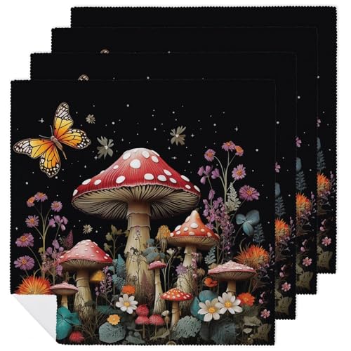 Stoffservietten, saugfähig, 4 Stück, waschbare Servietten, Pilze und Schmetterlinge auf schwarzem Hintergrund, dekorative Stoffserviette, Tischzubehör für Partys, Hochzeiten, Cocktails, 4 Stück Stoffservietten, saugfähig, 4 Stück, waschbare Servietten, Pilze und Schmetterlinge auf schwarzem Hintergrund, dekorative Stoffserviette, Tischzubehör für Partys, Hochzeiten, Cocktails, 4 Stück von FHECVBN