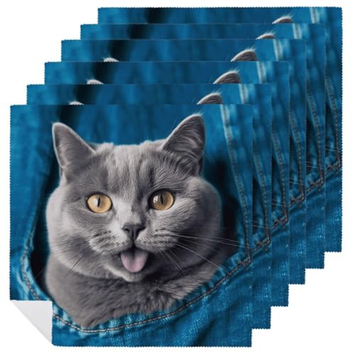 Stoffservietten, saugfähig, 6 Stück, waschbare Servietten, blaue Katze, dekorative Stoffservietten, Tischzubehör für Partys, Hochzeiten, Cocktails, 6 Stück Stoffservietten, saugfähig, 6 Stück, waschbare Servietten, blaue Katze, dekorative Stoffservietten, Tischzubehör für Partys, Hochzeiten, Cocktails, 6 Stück von FHECVBN