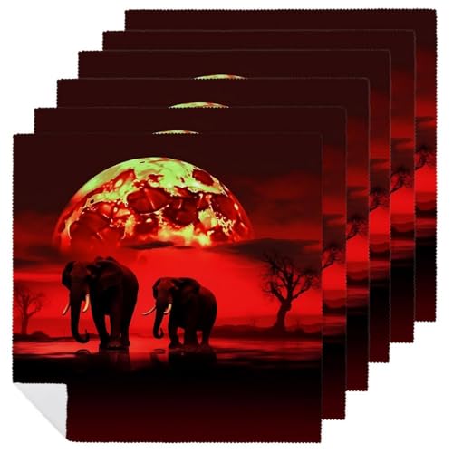 Stoffservietten, saugfähig, 6 Stück, waschbare Servietten, rot, Vollmond-Elefanten, dekorative Stoffserviette, Tischzubehör für Partys, Hochzeiten, Cocktails Stoffservietten, saugfähig, 6 Stück, waschbare Servietten, rot, Vollmond-Elefanten, dekorative Stoffserviette, Tischzubehör für Partys, Hochzeiten, Cocktails von FHECVBN