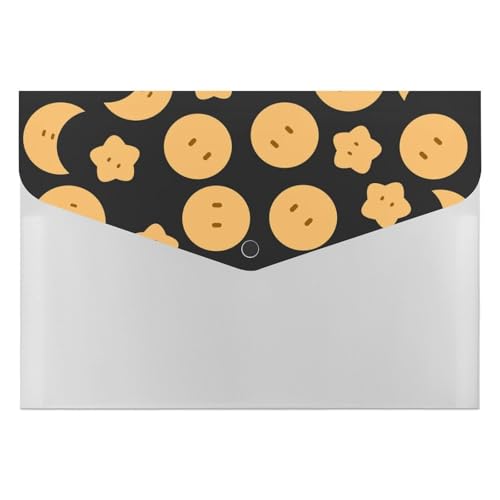 Premium PP-Dokumentenmappe, wasserdichter Aktenordner mit 6 Taschen und Schnappverschluss, leichte Aufbewahrung für Büro/Schule/Zuhause, Fliesenmuster, Sonnenstern-Mond-niedliches Gelb, Schwarz von FHEDMN