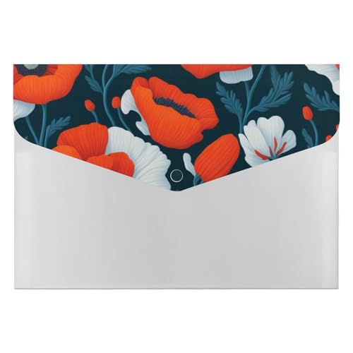 Premium PP-Dokumentenmappe, wasserdichter Aktenordner mit 6 Taschen und Schnappverschluss, leichte Aufbewahrung für Büro/Schule/Zuhause, großer Saflower, Mohnblume von FHEDMN