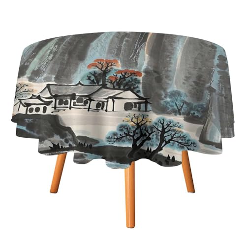 FHESDCW Tischdecke mit chinesischer Landschaftsmalerei, hitzebeständig, Polyester, rund, strapazierfähig, waschbar, Tischdecke für Küche, Party, Hochzeit, Picknick, 178 x 178 cm FHESDCW Tischdecke mit chinesischer Landschaftsmalerei, hitzebeständig, Polyester, rund, strapazierfähig, waschbar, Tischdecke für Küche, Party, Hochzeit, Picknick, 178 x 178 cm von FHESDCW
