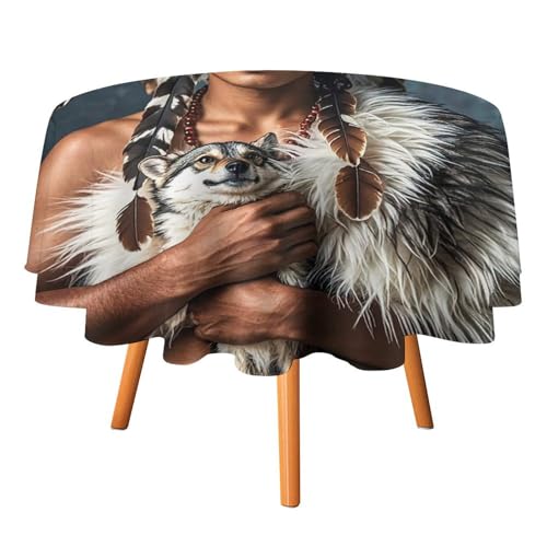 FHESDCW Tischdecke mit indigenen Menschen und Wölfen, hitzebeständig, Polyester, rund, strapazierfähig, waschbar, Tischdecke für Küche, Party, Hochzeit, Picknick, 127 x 127 cm FHESDCW Tischdecke mit indigenen Menschen und Wölfen, hitzebeständig, Polyester, rund, strapazierfähig, waschbar, Tischdecke für Küche, Party, Hochzeit, Picknick, 127 x 127 cm von FHESDCW
