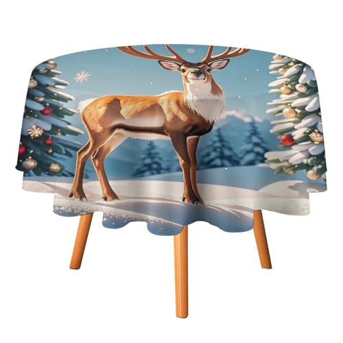 FHESDCW Tischdecke mit weihnachtlichem Hirsch, Schneebaum, hitzebeständig, Polyester, rund, strapazierfähig, waschbar, Tischdecke für Küche, Party, Hochzeit, Picknick, 127 x 127 cm FHESDCW Tischdecke mit weihnachtlichem Hirsch, Schneebaum, hitzebeständig, Polyester, rund, strapazierfähig, waschbar, Tischdecke für Küche, Party, Hochzeit, Picknick, 127 x 127 cm von FHESDCW