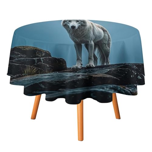 FHESDCW Tischdecke mit weißem Wolf auf dem Felsen, hitzebeständig, Polyester, rund, strapazierfähig, waschbar, Tischdecke für Küche, Party, Hochzeit, Picknick, 91,4 x 91,4 cm FHESDCW Tischdecke mit weißem Wolf auf dem Felsen, hitzebeständig, Polyester, rund, strapazierfähig, waschbar, Tischdecke für Küche, Party, Hochzeit, Picknick, 91,4 x 91,4 cm von FHESDCW
